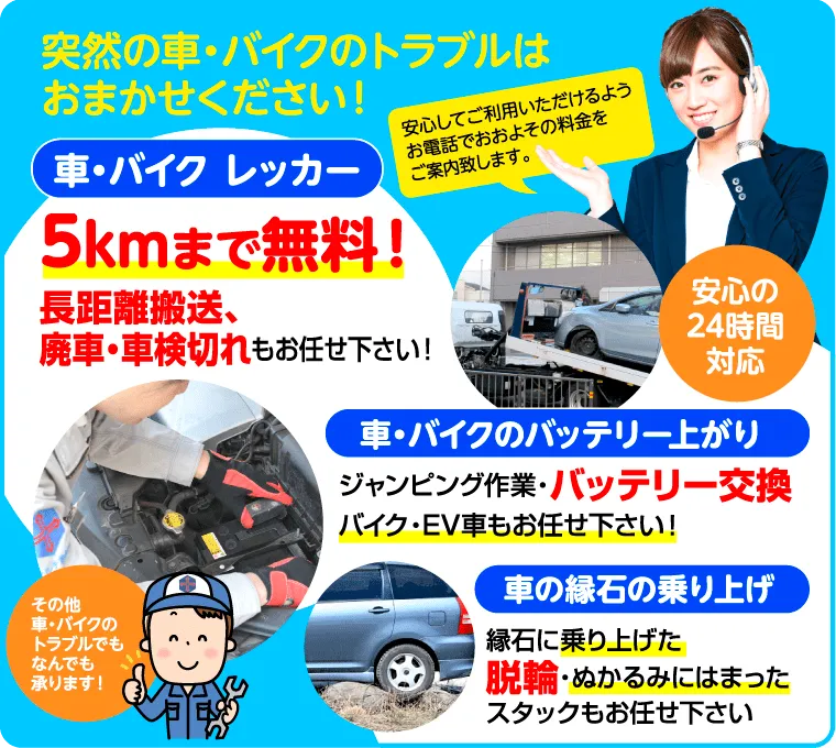 神奈川県 秦野市 自動車・バイクのレッカーサービスとロードサービス24時間迅速対応。レッカー搬送は、5kmまで無料、バッテリー上がり対応、バッテリー交換、脱輪・縁石乗り上げ、車検切れ・廃車搬送に24時間安心対応